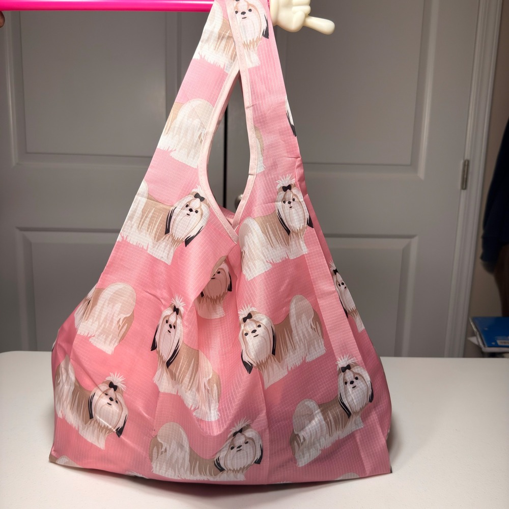 EasyEarth Shih Tzu Reusable Shopping Bag Pink Dog Print EcoSilk Tote Large - Picture 6 of 12